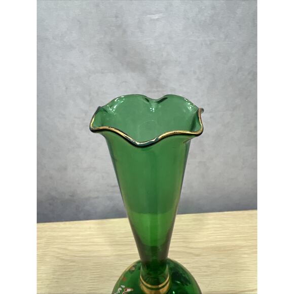 Bohemian Czech Glass Bud Vase Green Gold Trim Hand Painted Raised flowers 8" - Picture 5 of 8
